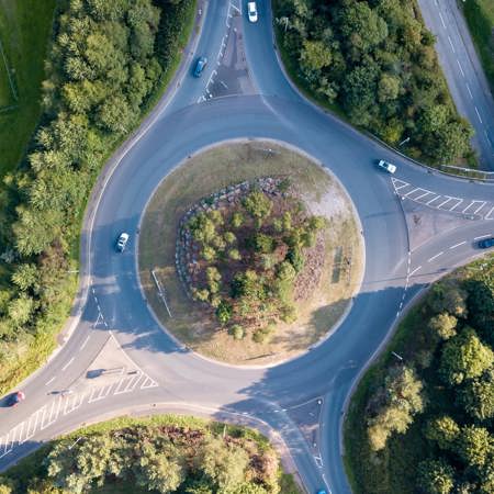 Overhead view of a roundabout and roads